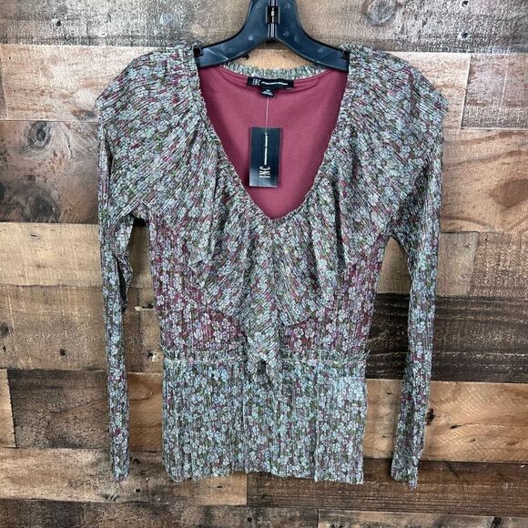 INC International Concepts Blouse V Neck Green White Red Metallic Ruffled XS - Picture 12 of 13